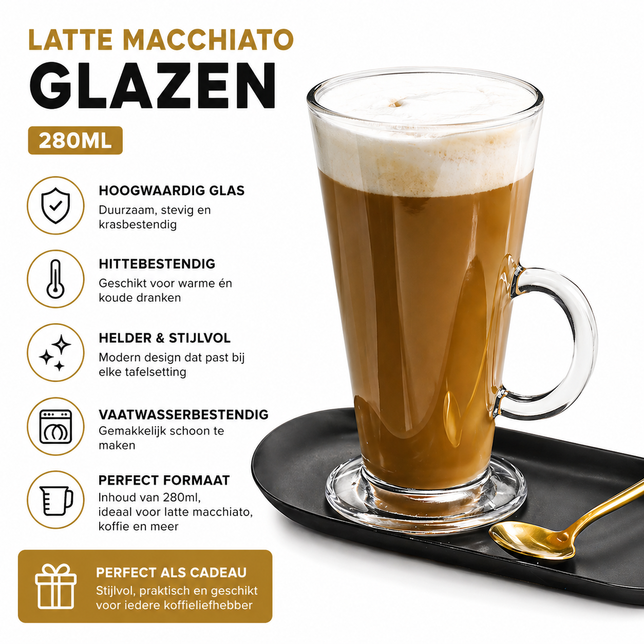 Glasrijk® Latte macchiato glazen - 280 ml - 4 stuks - Koffieglazen - Cappuccino glazen - Theeglazen